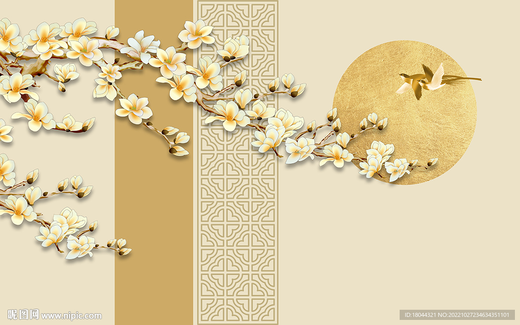 轻奢玉兰花鸟新中式电视背景墙