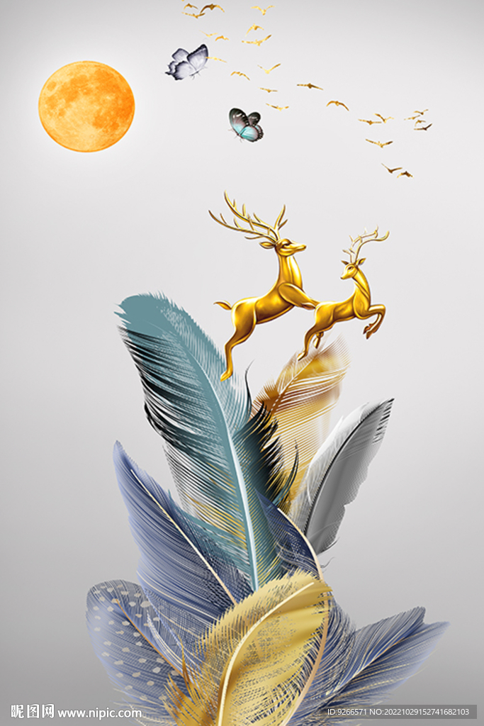 轻奢麋鹿羽毛抽象线条晶瓷画装饰