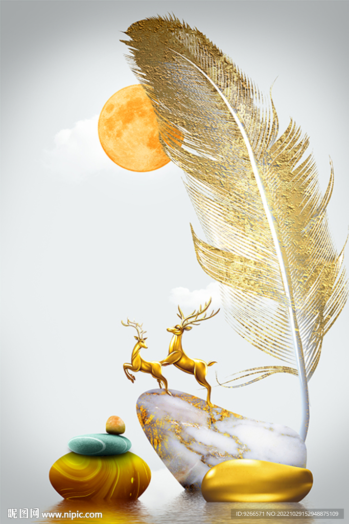 轻奢麋鹿羽毛抽象线条晶瓷画装饰