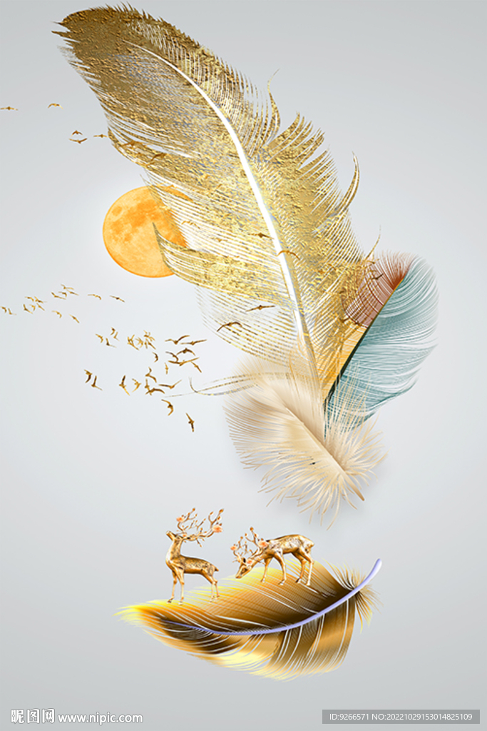 轻奢麋鹿羽毛抽象线条晶瓷画装饰