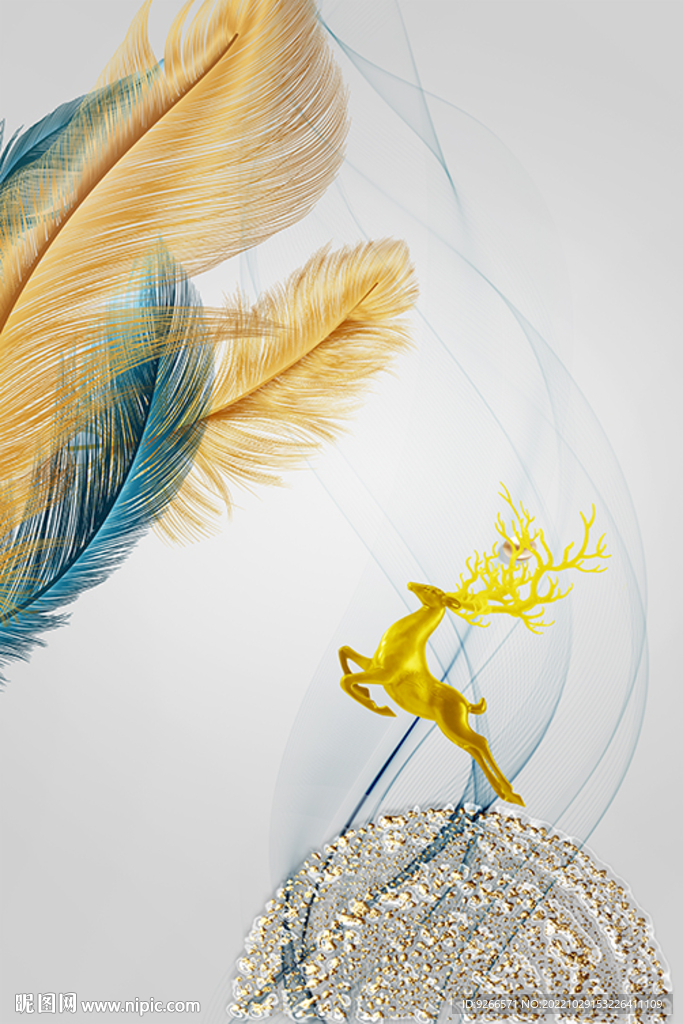 轻奢麋鹿羽毛抽象线条晶瓷画装饰