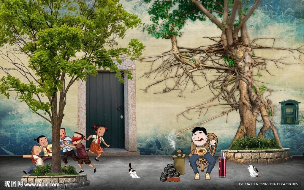 复古怀旧童年岁月背景墙壁画