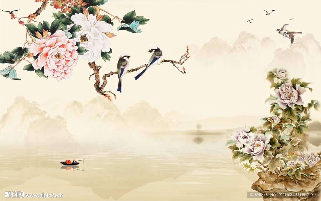 国画牡丹电视背景墙