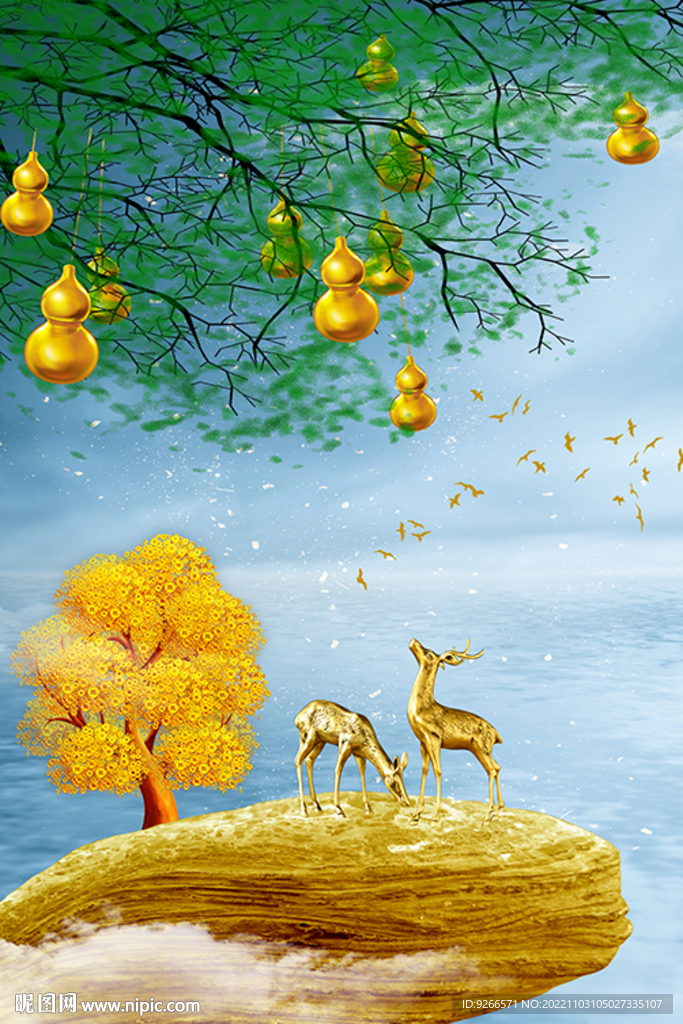 石来运转轻奢麋鹿葫芦装饰画