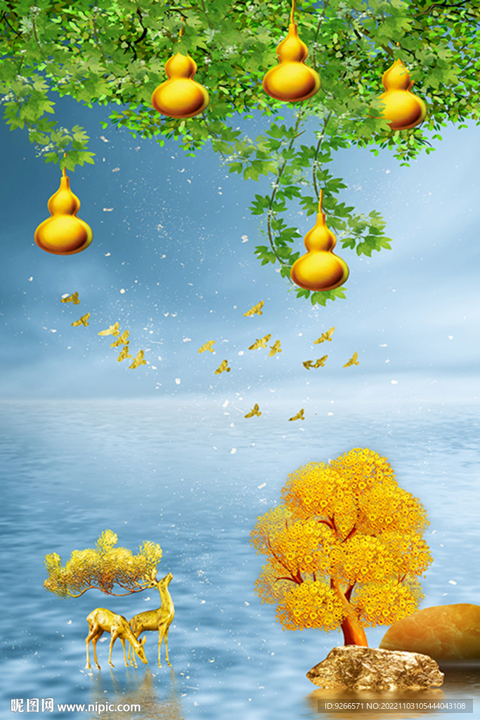 石来运转轻奢麋鹿葫芦装饰画