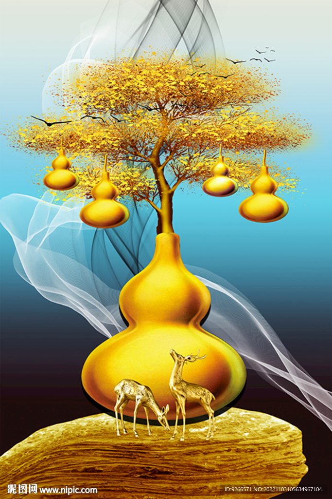 石来运转轻奢麋鹿葫芦装饰画