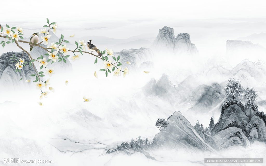 花鸟 极简背景山水 tif分层