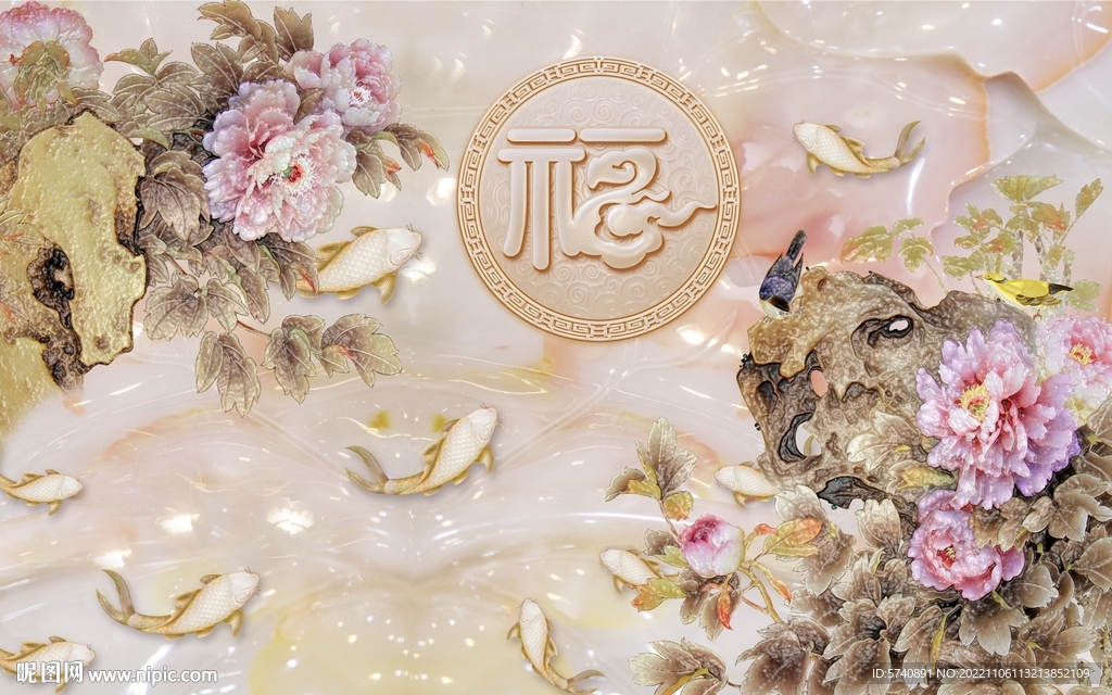 牡丹立体浮雕画