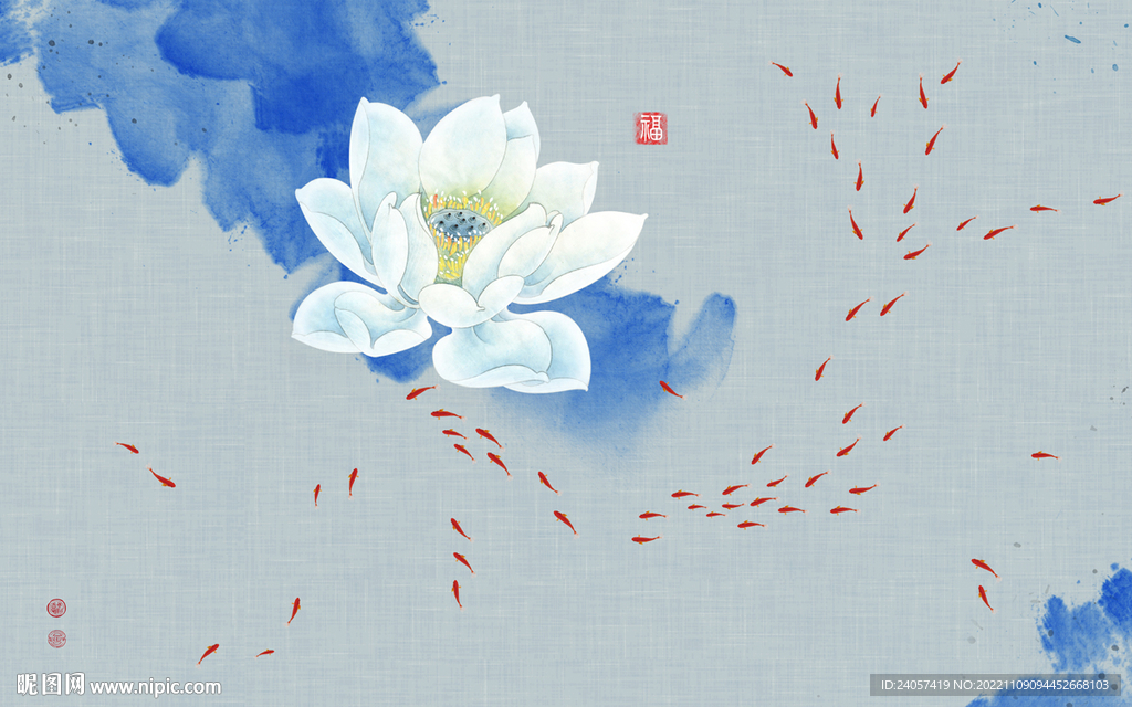 新中式禅意水墨荷花鱼群背景墙