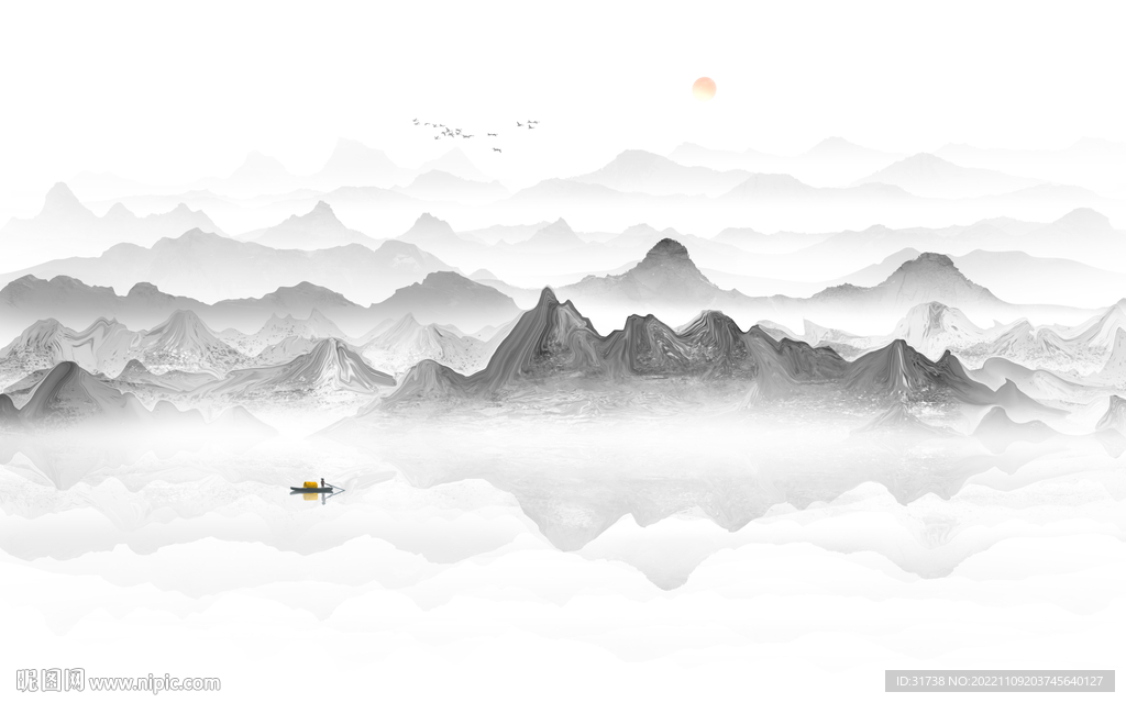 禅意水墨山水画背景墙