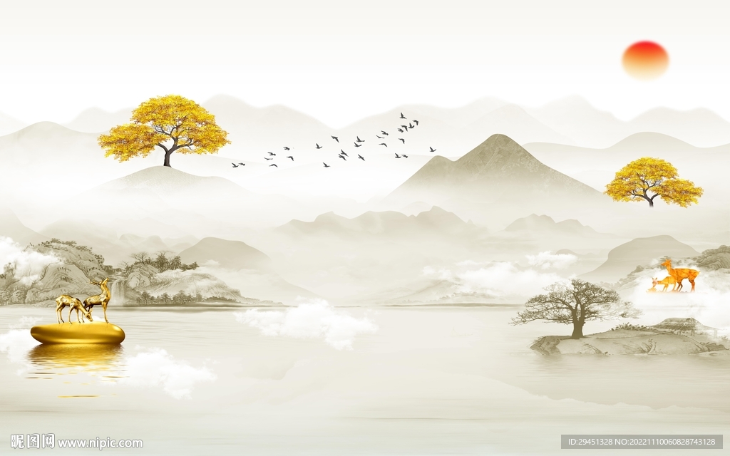 最新 爆款山水墙画 Tif分层