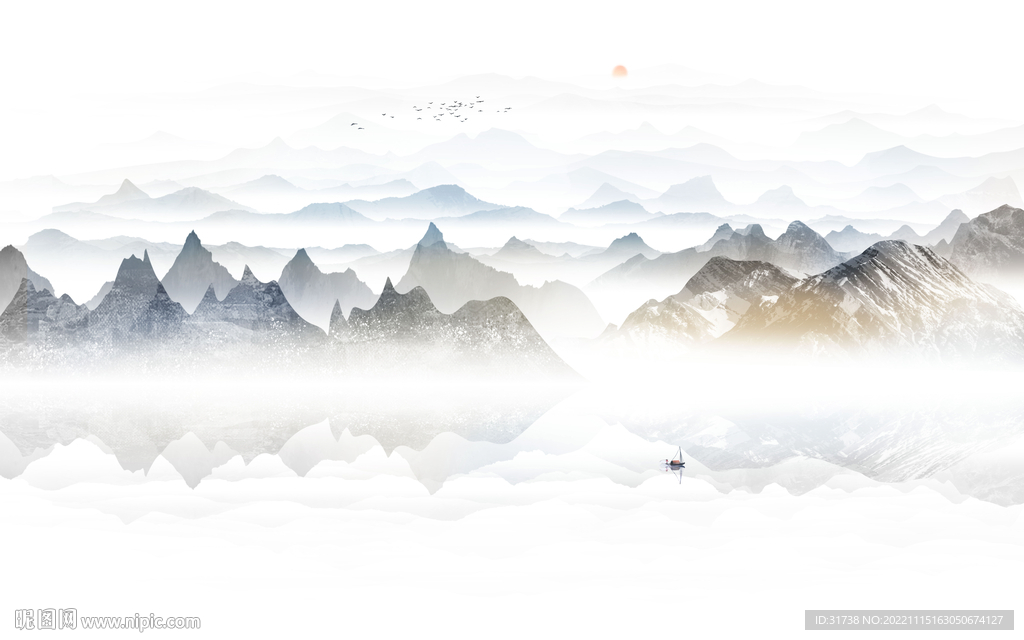 别墅客厅水墨山水画 TIF分层