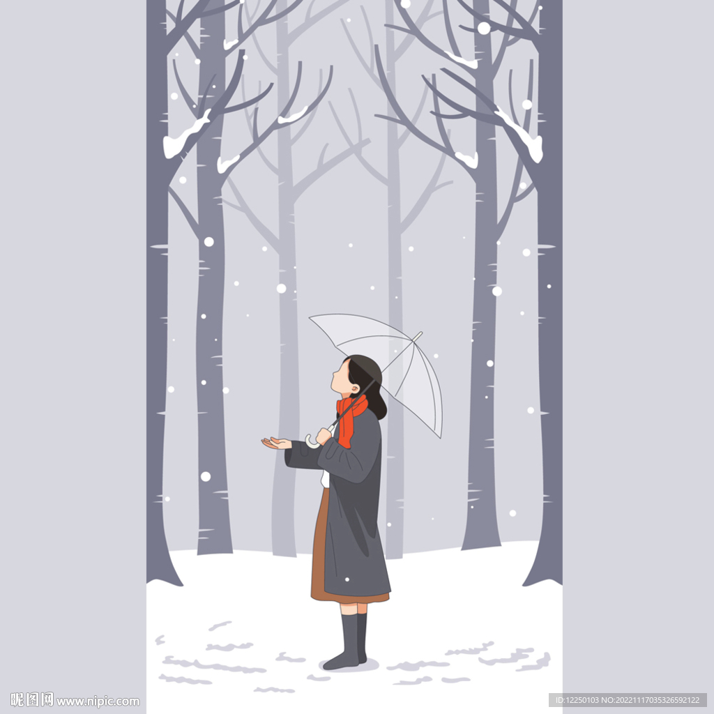 大雪树林女孩插画