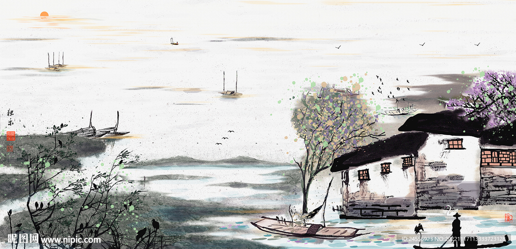 江南水乡水墨山水画