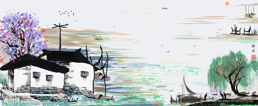 江南水乡水墨山水画