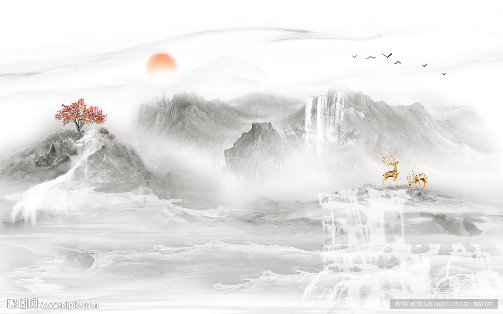 日出装饰画 新中式山水画 麋鹿