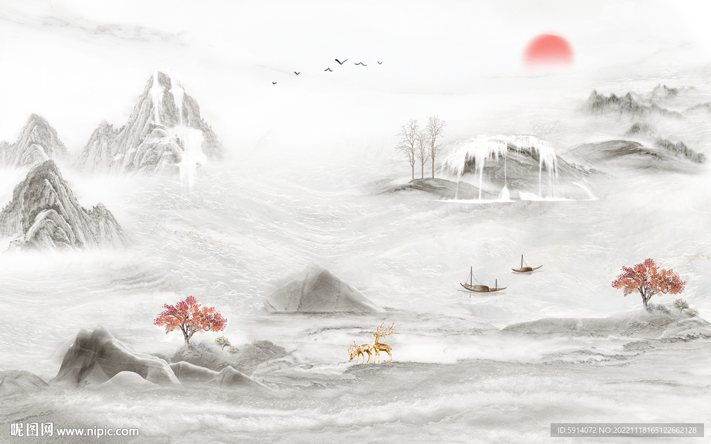 日出装饰画 新中式山水画 麋鹿