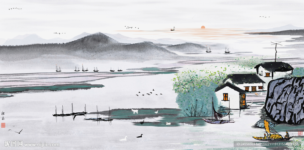 水墨江南水乡意境山水画