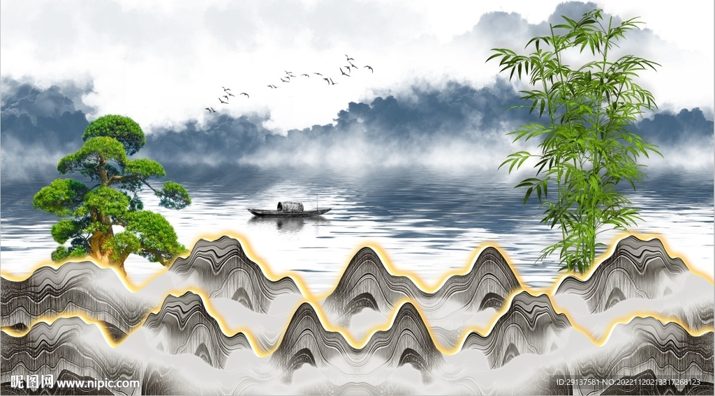 新中式水墨山水背景墙