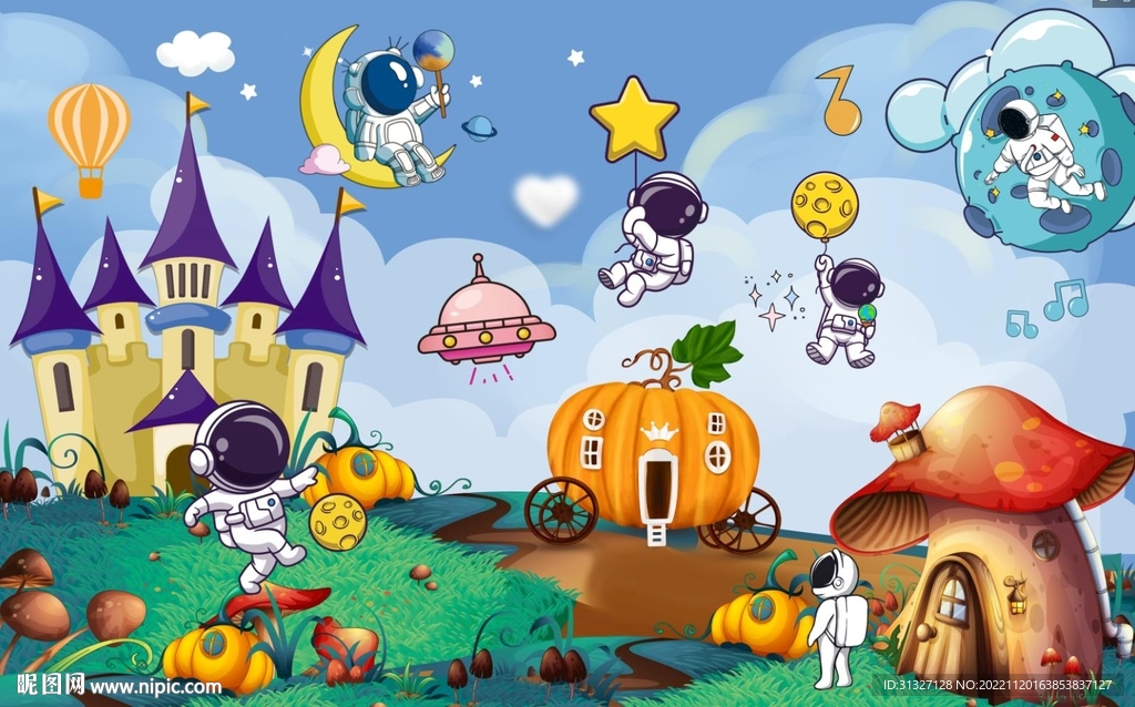 卡通太空童话背景墙