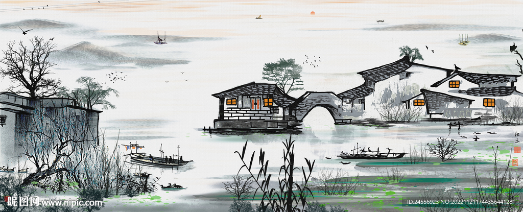 意境水墨江南山水画