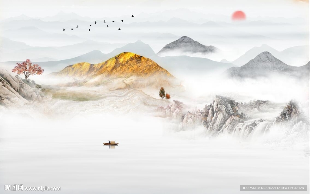 日出装饰画 新中式山水画 小船