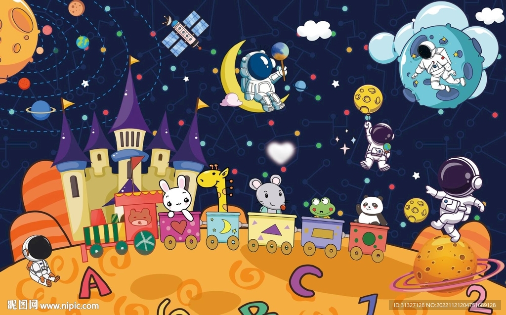 卡通太空儿童房背景墙图片