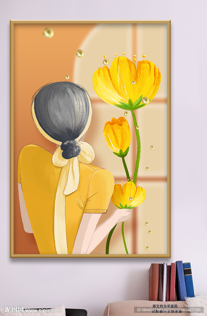 手绘美女花朵背影简约装饰画