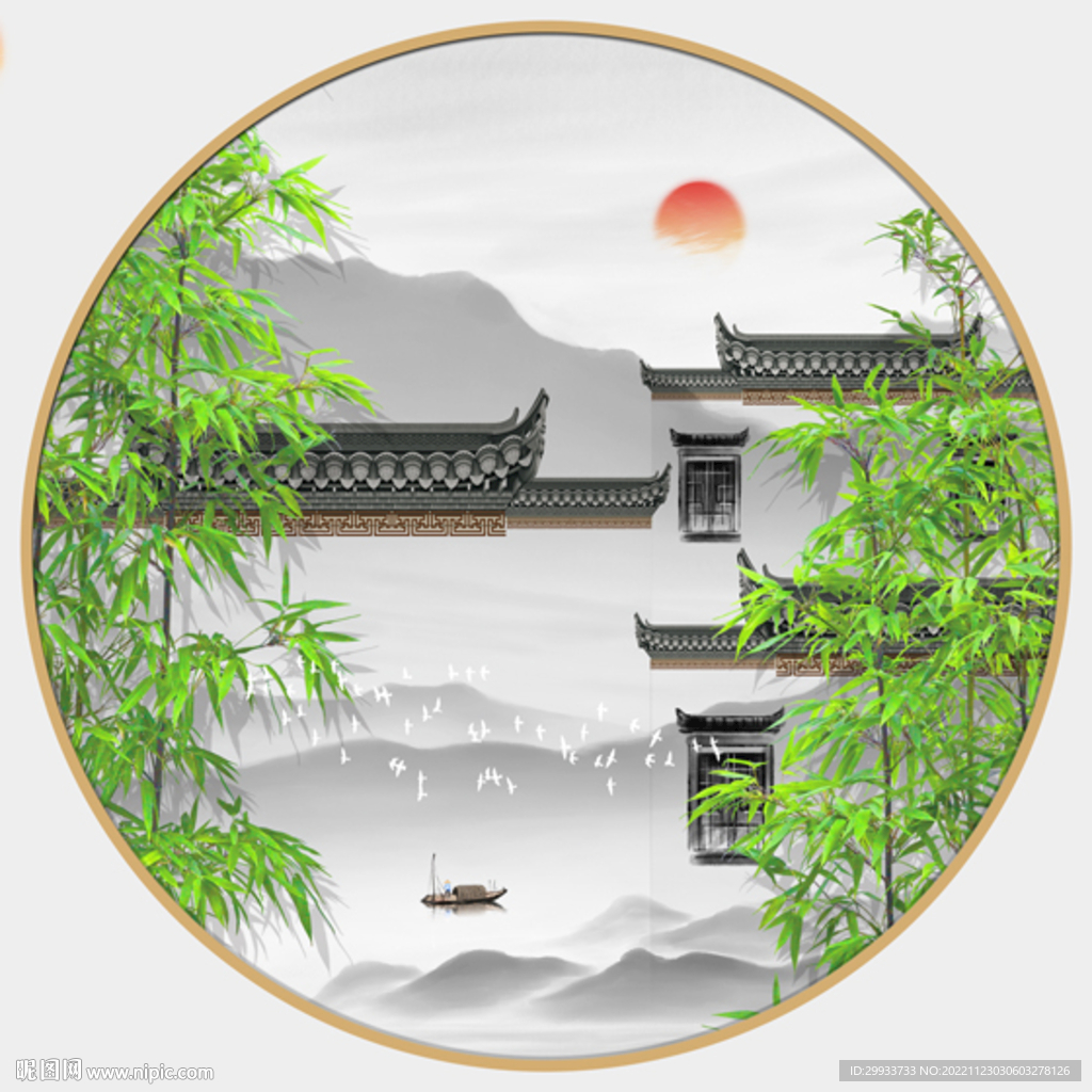 新中式徽派山水圆形山水画