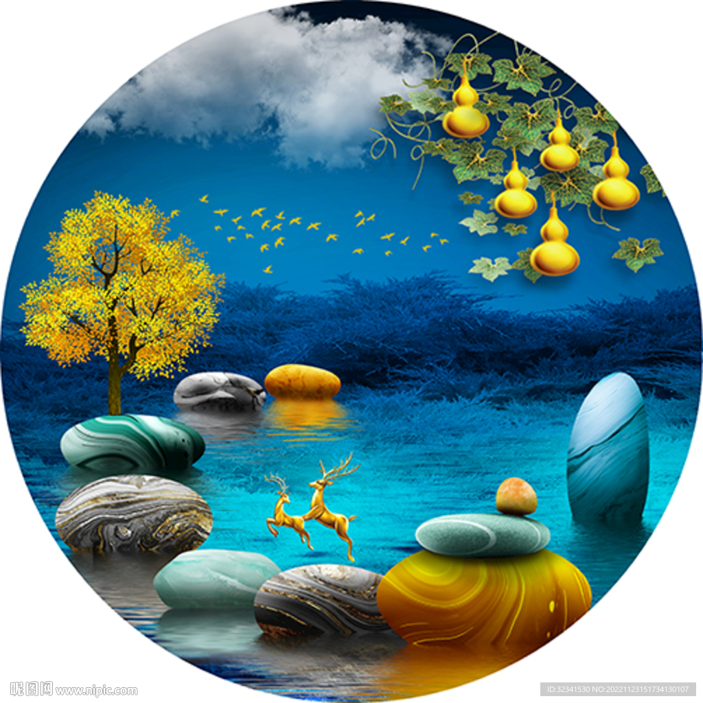 圆形石来运转轻奢麋鹿抽象装饰画