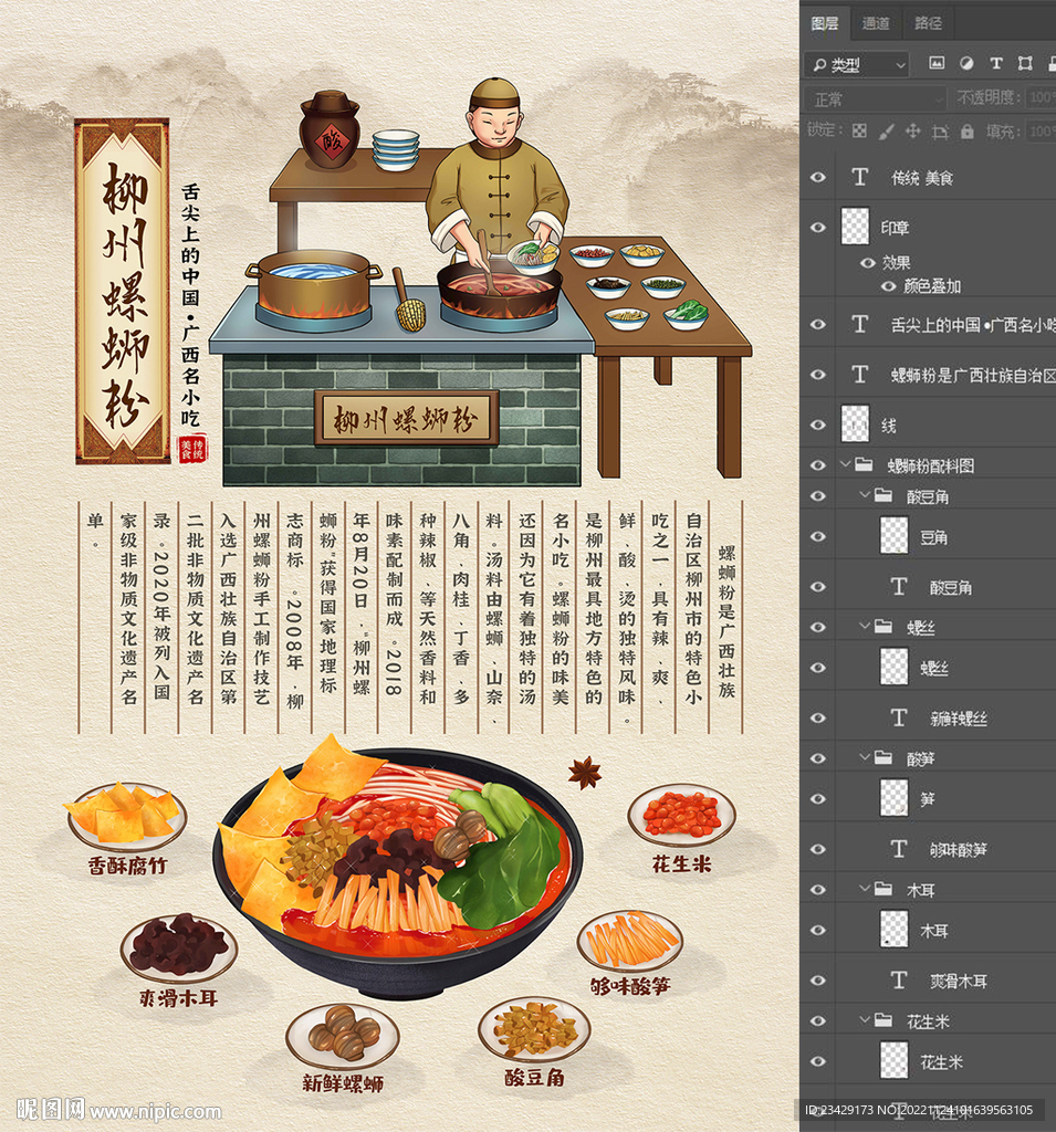 高清手绘柳州螺蛳粉装饰画展板