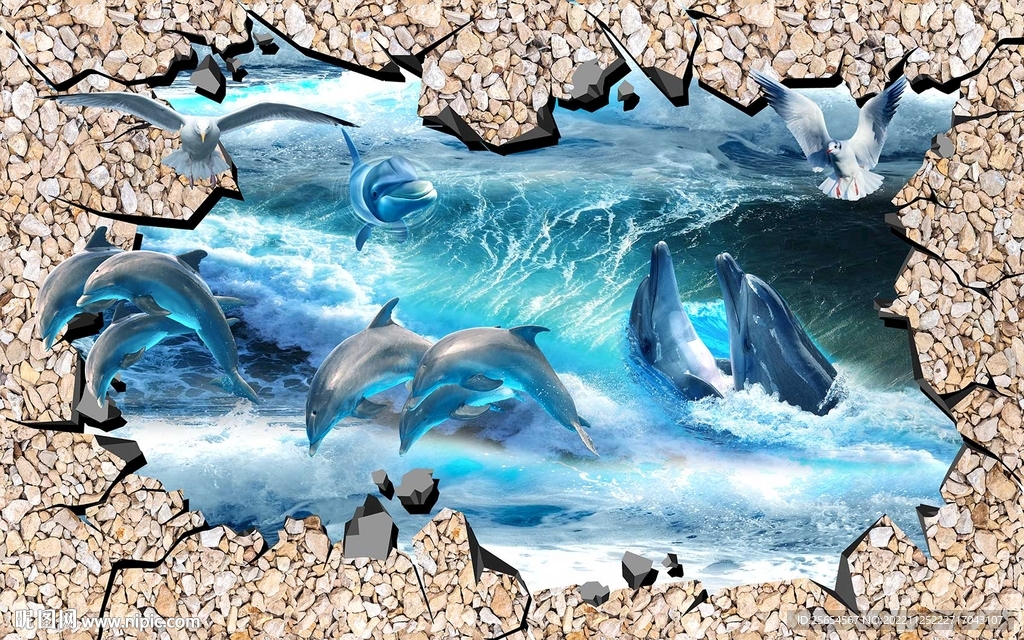 3D波涛海浪客厅背景墙