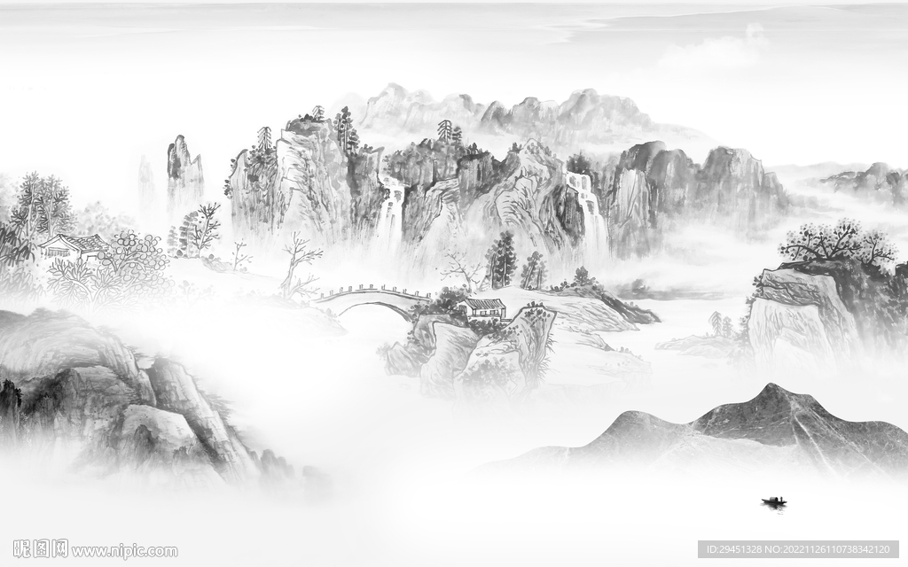 新品 高档灰山水画 tif分层