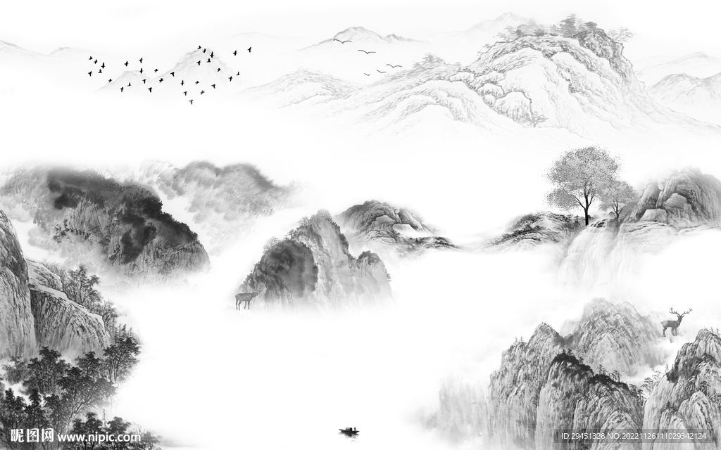 新中式高档灰山水画 tif分层