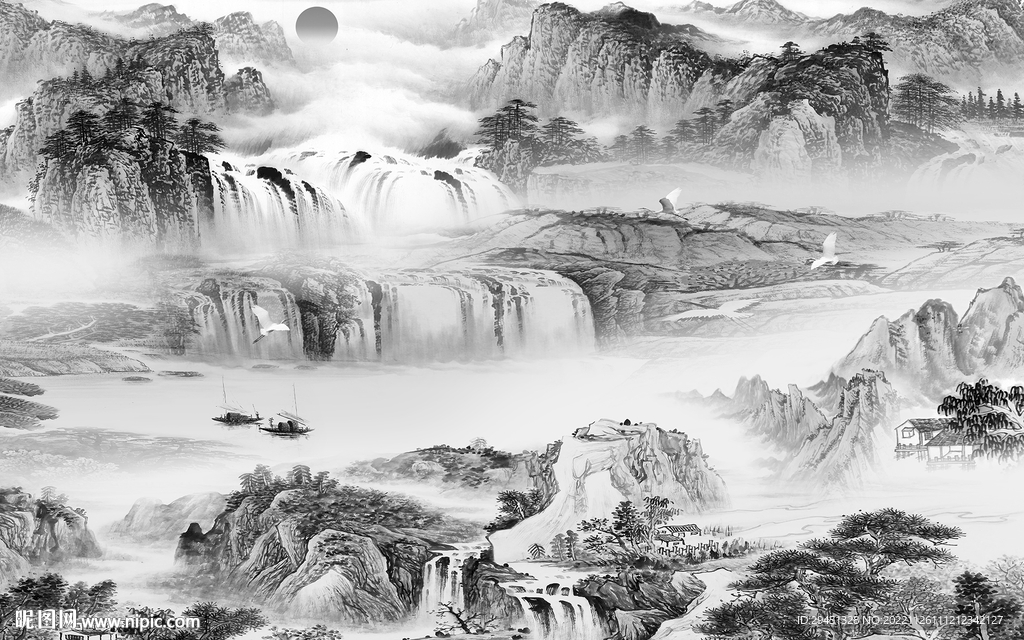 中式 高档灰山水画 tif分层