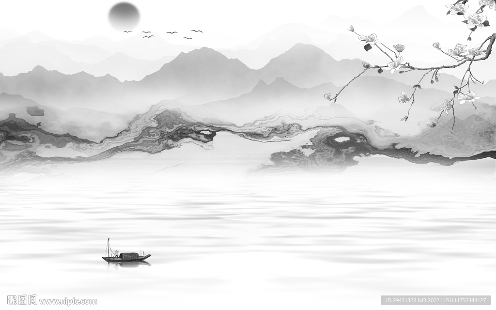 最新 高档灰山水画 tif分层