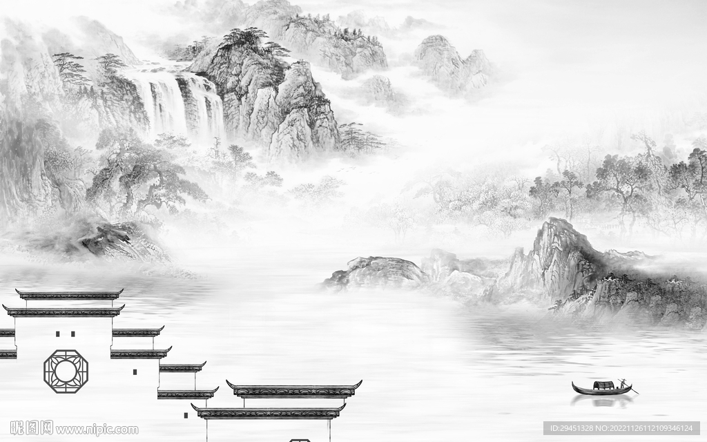 爆款 高档灰山水画 tif分层