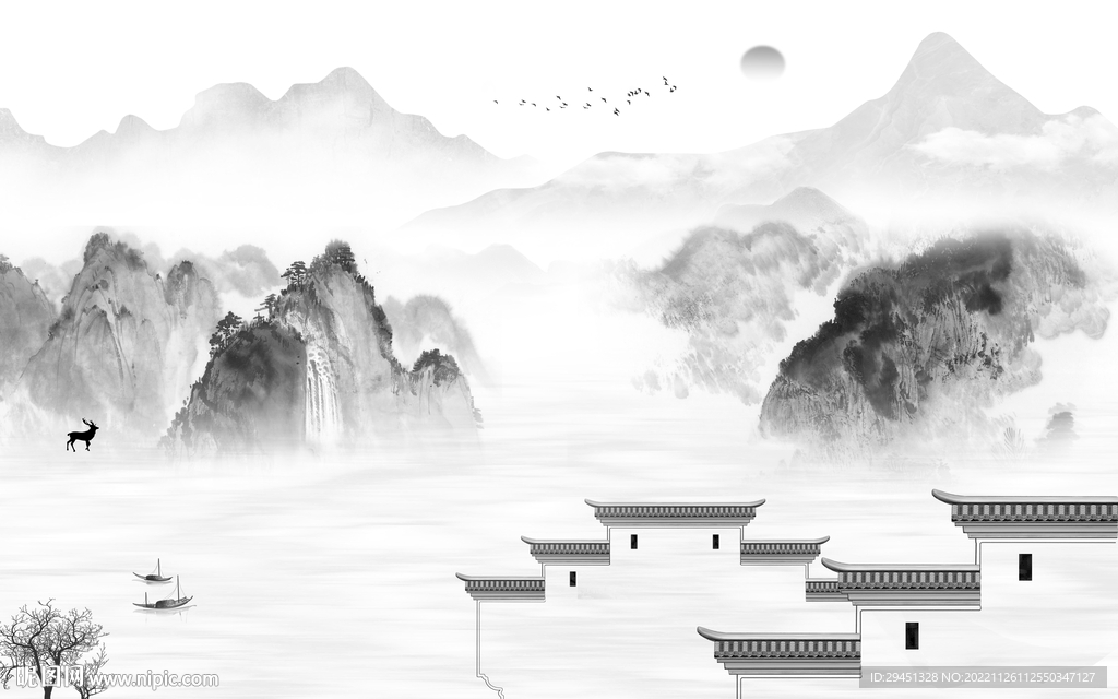 高清 高档灰山水画 tif分层