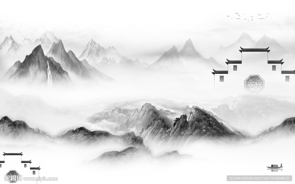 大气 高档灰山水画 tif分层