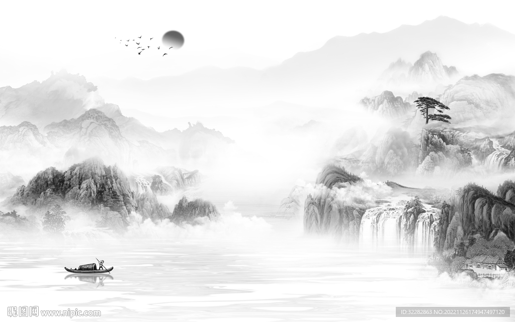 高清 灰色大气山水 tIF分层