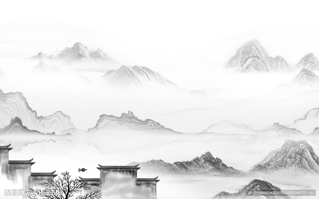 高端 极简灰色山水 tif分层