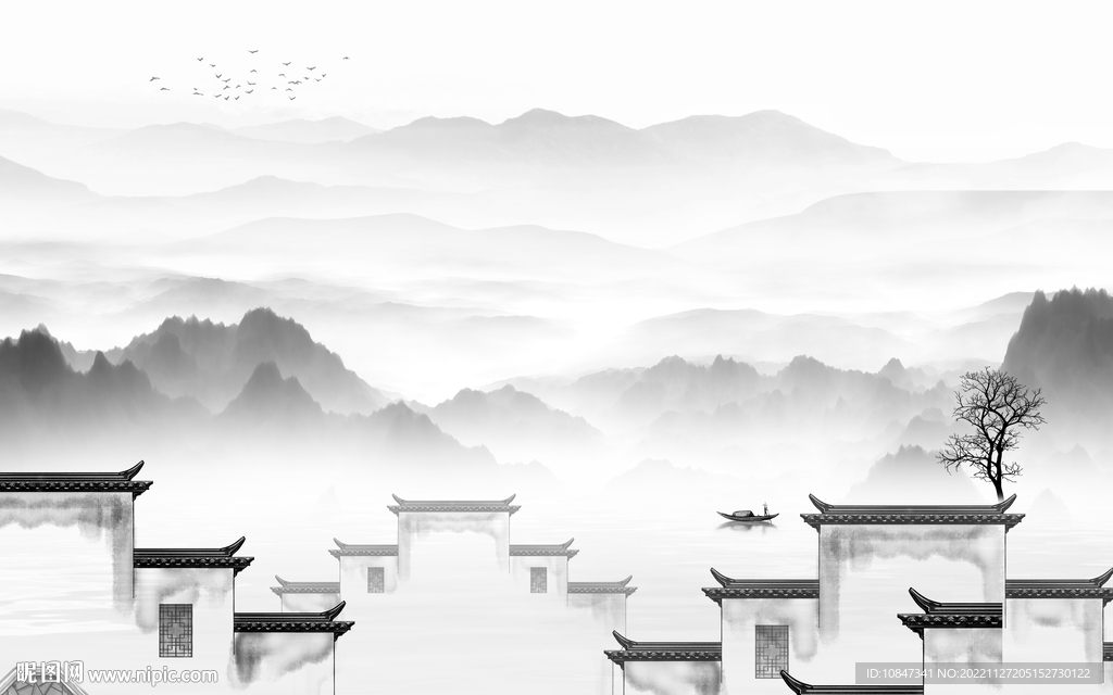 新品 中式灰色山水 tIf分层