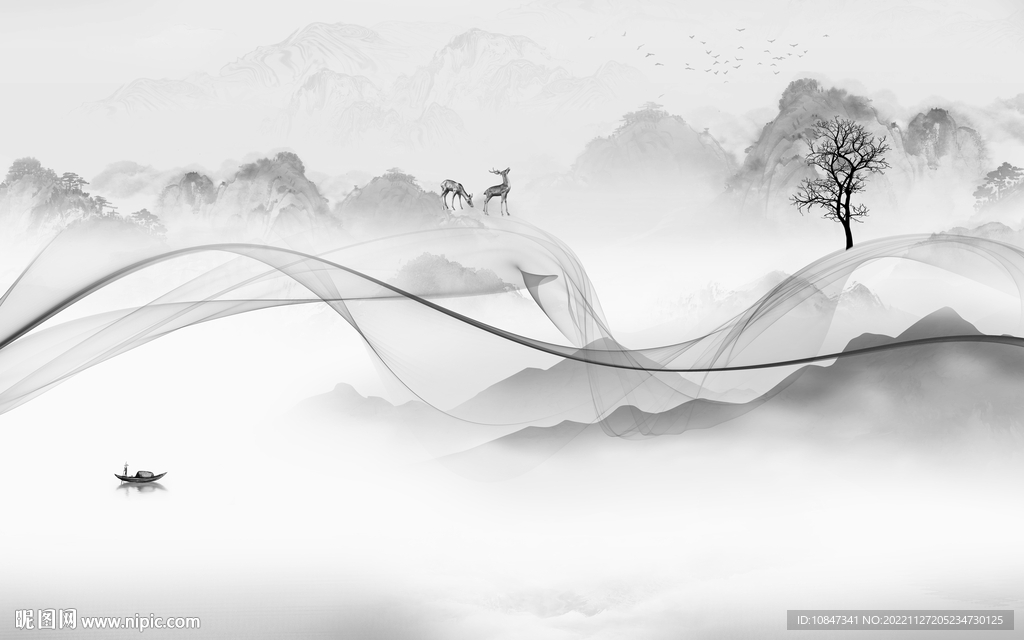 爆款 中式灰色山水 tIf分层