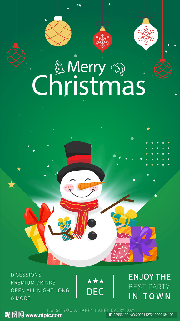 戴帽子开心雪人礼物围绕绿色背景