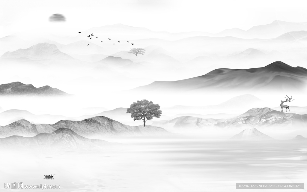 客厅 高清灰色山水 TiF分层