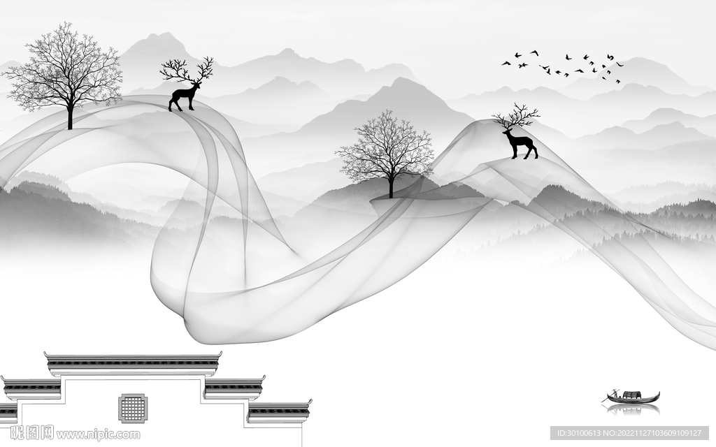 新品 中式灰色山水 TiF分层