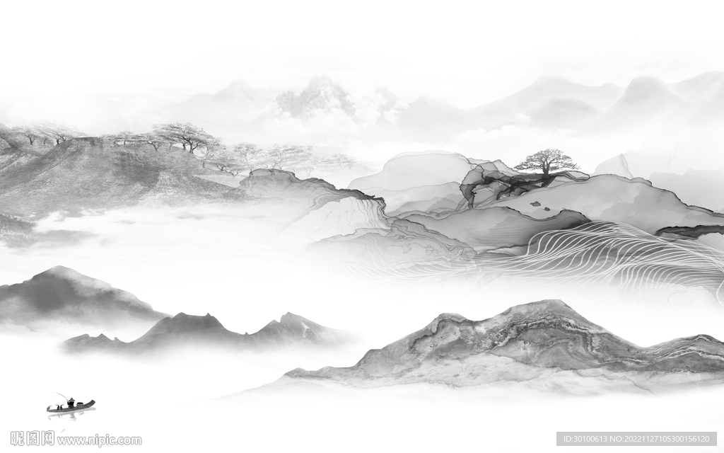 高清 中式灰色山水 TiF分层