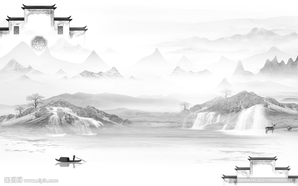 别墅 灰背景山水画 tiF分层