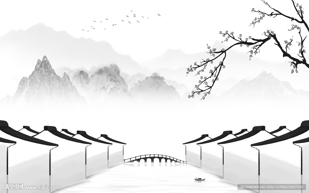 高端 灰背景山水画 tiF分层