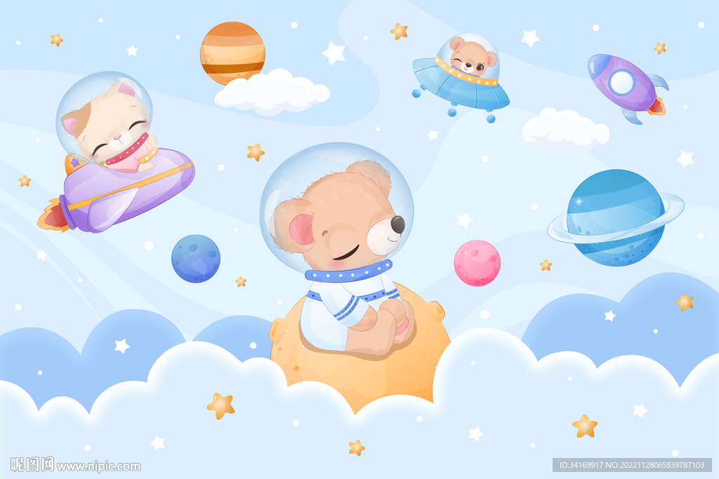 卡通动物宇航员外太空星球背景墙